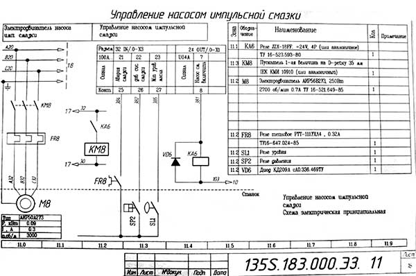 Схема електрична керування насосом импульсной змазки токарного верстата 16Б16Т1 Схема електрична керування насосом импульсной змазки токарного верстата 16Б16Т1